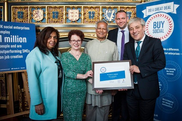 From left to right: Chair of Social enterprise UK  board Claire Dove, RT Hon Hazel Blears MP, spokesperson for social economy,  Professor Muhammed Yunus, Peter Holbrook, CEO Social enterprise UK, RT Hon John Bercow MP, Speaker of the House of Commons,  at the celebration of fourth anniversary of social enterprise UK held at the Parliament building.