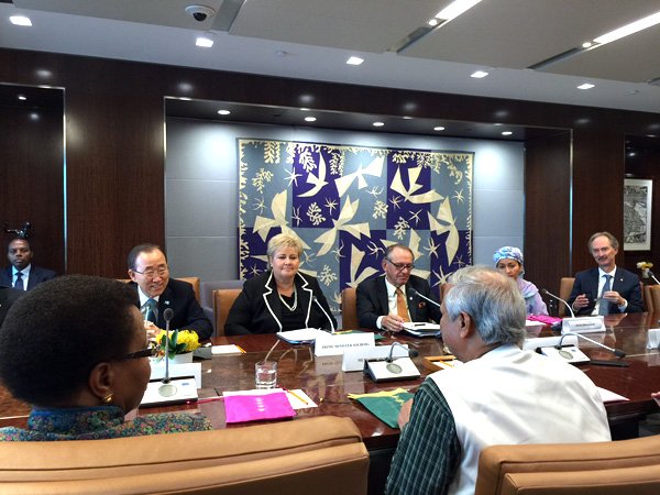 Nobel Laureate Professor Muhammad Yunus is seen sharing his views on Sustainable Development Goals in a meeting chaired by the secretary General Ban Ki-Moon with the Members of UN MDG Advocacy Group at the United Nations Sustainable Development Summit 2015. Professor Yunus emphasized on fostering sustainable development as world’s regular and long-term orientation and incorporating SDGs in national strategies and programmes to promote people centric development. Professor Yunus also asked the Secretary-General and the UN to support the developing nations in successfully implementing the 2030 Agenda.