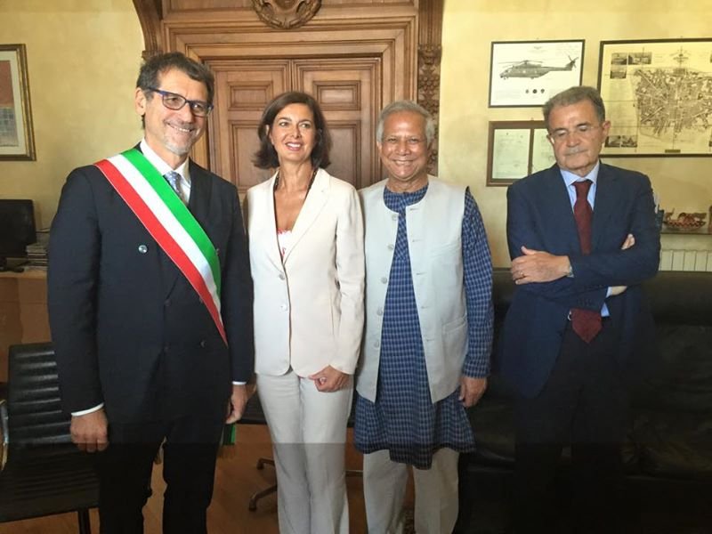 From left to right Mayor of Bologna VirginioMerola,  Speaker of the Italian Parliament Ms Laura Boldrini, Professor Muhammad Yunus and Former Prime Minister Romano Prodi  at the honorary citizenship conferring ceremony of the City of Bologna on July 8, 2015 in Bologna, Italy. 