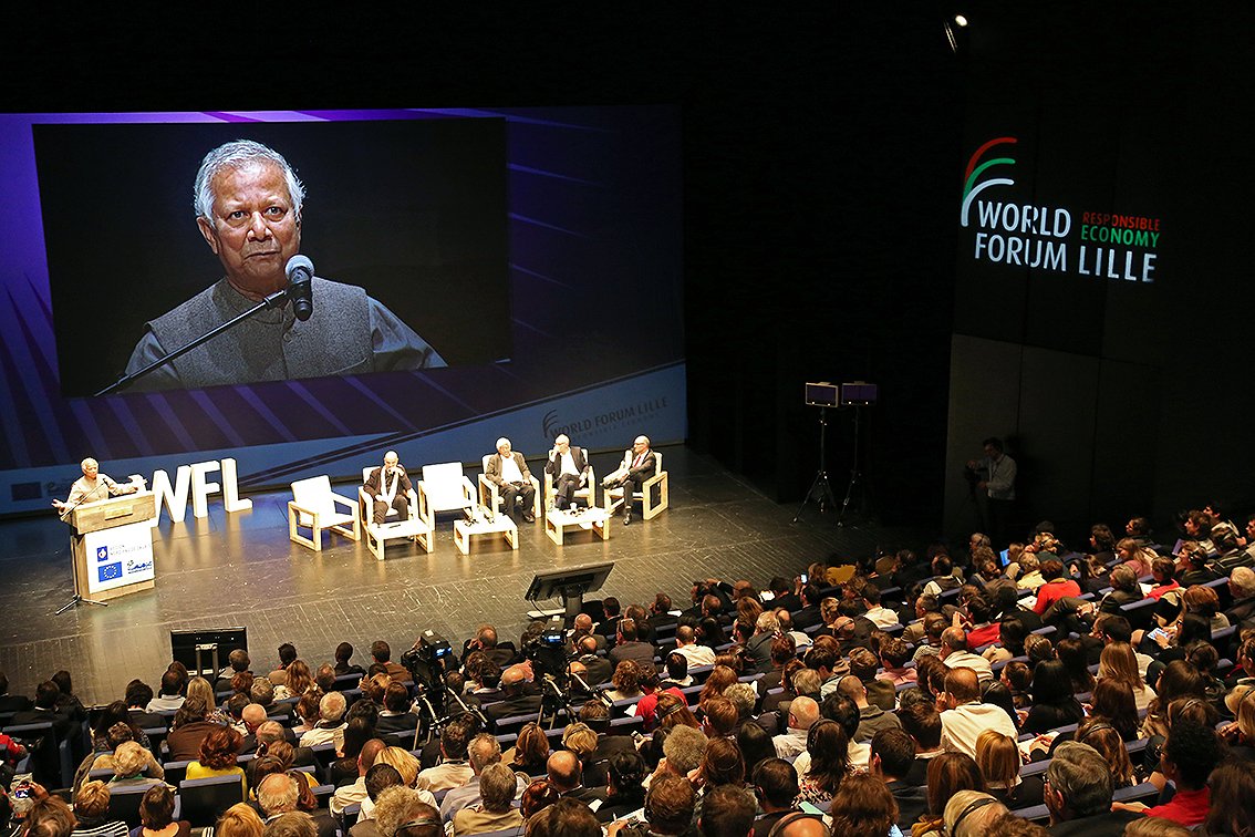 Nobel Laureate Professor Muhammad Yunus addressed 1,200 participants at the World Forum in Lille, Northern France on October 24, 2014 about social business as a powerful tool for social change. During the forum North France was declared as Social Business Region of the country. It would be the first such province in any country. 